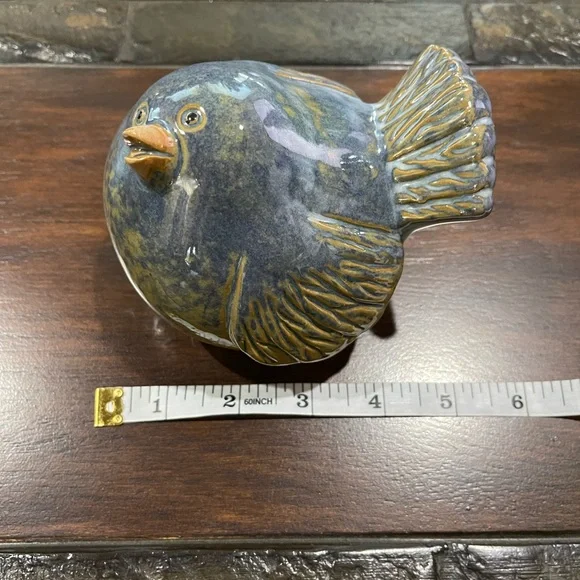 Blue & Brown Pottery Pudgy Puffed Sitting Bird - Picture 5 of 6